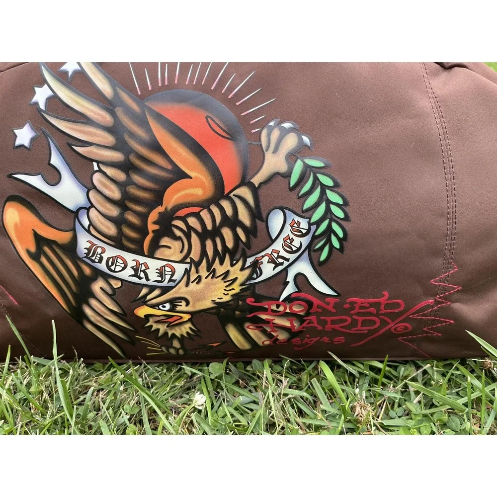 Ed Hardy Born‎ Free Eagle Duffel Gym Bag Brown Tattoo Art Weekender Travel Strap